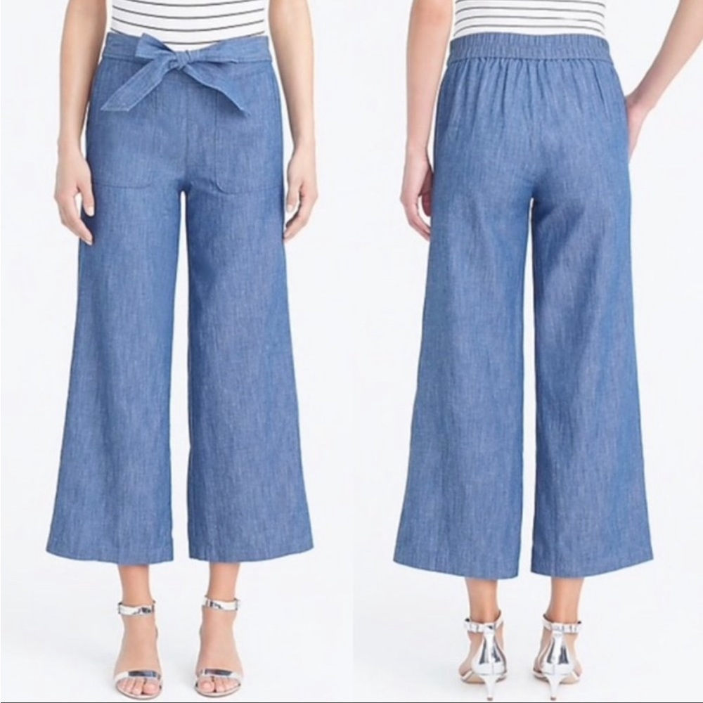 J CREW FACTORY Wide-Leg Cropped Chambray Tie-Waist Pants Size 2